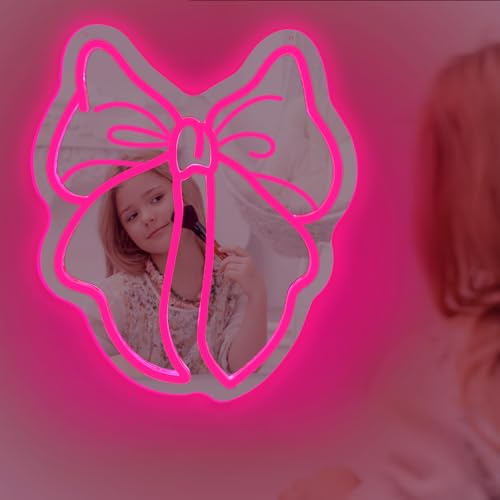 DUOLIYBC Pink Bow Neon Mirror Sign, Girly Room Decor, USB Powered, Dimmable Light, 15 × 12.7