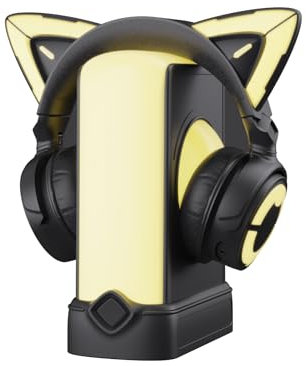 YOWU RGB Cat Ear Headphones 4GS White and Crystal Headphone Stand Black, Accessories for The Ultimate Experience (Black+Black)