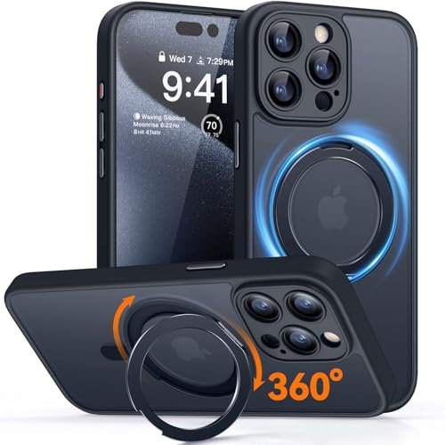 CANSHN 360° Ständer für iPhone 15 Pro Hülle mit Kameraschutz für Magsafe (Magnetischer Robust Standring), Matt Schwarz