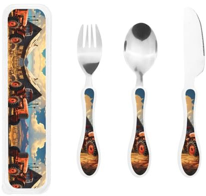 Roter Bauernhof-Traktor, Westerngeschirr, Steakmesser, Gabel und Löffel, 3-teiliges Set – 304 Edelstahl und PP-Kunststoff, Design für Kinder