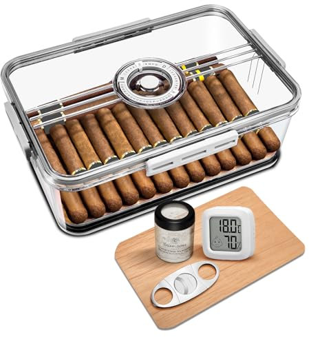 Zigarren Humidor Acryl Zigarrenetui mit Hygrometer und Befeuchtungsglas, Zedernregal, Zigarrenschneider, Zigarrenaufbewahrungsbox für Zuhause/Büro (Medium)