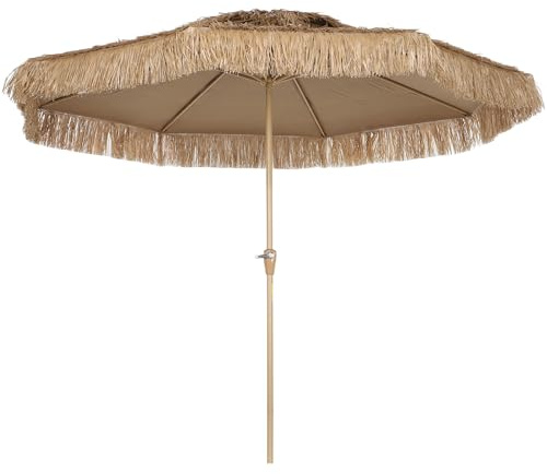 Outsunny Parasol de jardin extérieur style Hawaïen en paille Ø 294 cm, parasol droit mat et 8 baleines en métal, 140 g protection UV avec manivelle pour balcon jardin terrasse, jaune