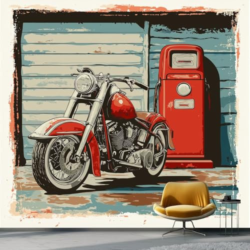 Papier Peint Panoramique 400 x 280 cm, Garage Moto Effet Vieilli Texture Poster Photo Mural Papier Peint Décoration Murale Salon Chambre á Coucherr Bureau Enfant Chambre Salle Restaurant, Rouge Bleu