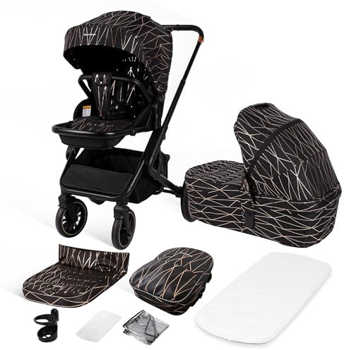 BabyVoyage Kombikinderwagen 2-in-1 ohne Babyschale – Babywanne & Sportsitz, Räder 360° Stoßdämpfer, Federung, Höhenverstellbarer Griff, Zusammenklappbargleiten, Zubehör-Sternenhimmel-Schwarz-Gold