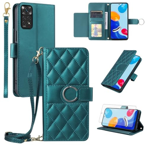 Asuwish Handyhülle für Xiaomi Redmi Note 11S/11 S 4G Hülle mit Band Folie Schutzfolie Kartenfach Klappbar Leder Geldbörse Ständer Note11 Note11S Schutzglas Handy Hüllen Schutzhülle Phone Case Grün