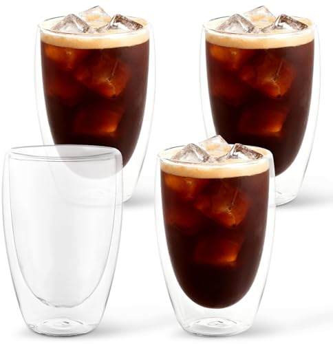 AUEJACKY 4er Doppelwandige Latte Macchiato Gläser Set 450ml Borosilikatglas Kaffeetassen Glas Espressotassen Set Kaffeeglas Teegläser, ideal für Eiskaffee Matcha Kaffee