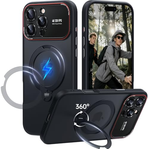 Peerock 360° Drehbarer Magnetischer Ständer für iPhone 16 Pro Hülle [Pro-Version Kameraschutz] [16FT Militärschutz] Stoßfeste Kratzfeste Handyhülle Transluzente Matt Case 6,3, Titanschwarz