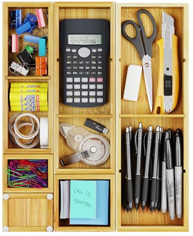 VA1KENE 6PCS Bamboo Drawer Organizer Tray with 12 Compartments – Office Desk Storage Boxes Set for Junk Drawer Supplies, Utensils, Cosmetics, Jewelry and More