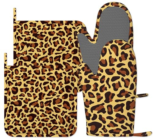 Classic Leopard Print Oven Gloves Heat Resistant, Oven Mitts and Pot Holder Cheetah Kitchen Non-Slip Silicone Cooking Microwave Gloves for Cooking Baking Grilling