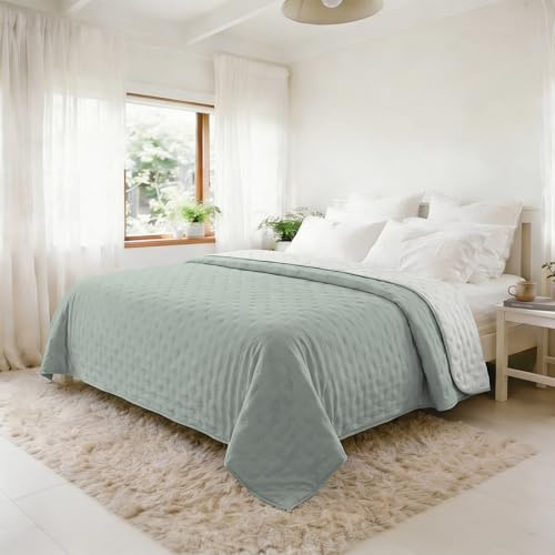 Sommer-Steppdecke Water Washed, Mikrofaser-Bettdecke, Gesteppte und 100 g Füllung, Doppelbett 250x250 cm – Milky Green/Bianco