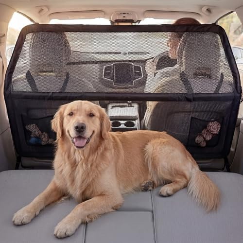 Dog Guard for Car Boot, Heavy Duty Dog Car Barrier with Metal Frame & Transparent Chew-Resistant Net, Wider Coverage Car Dog Guard for SUV, Hatchback & Truck, Back Seat & Cargo Divider 127x81cm