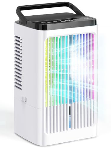 Portable Air Cooler Fan with Large Water Tank, 0-8H Timer, 4 Wind Speeds Including Turbo, 90° Oscillation, 2-Stage Mist, LED Display & Ambient Light, Personal Air Conditioner for Home & Office （White）