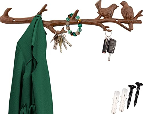 Comfify Gusseiserne Vögel auf Astaufhängung mit 6 Haken - Dekorativer Wandhaken aus Gusseisen - Für Mäntel, Schlüssel, Kleidung - 46.99x5x11.43cm- Mit Schrauben und Dübeln - Rostbraun