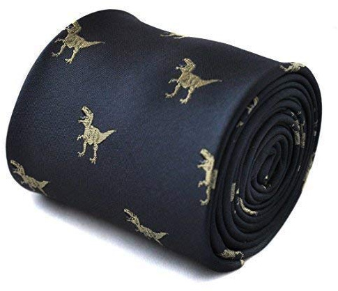 Frederick Thomas Navy Blue Tie with T-Rex Dinosaur Design for Men, Classic 8cm Width, 147cm Length Microfibre Fabric Formal Neckwear for Weddings, Office and Parties