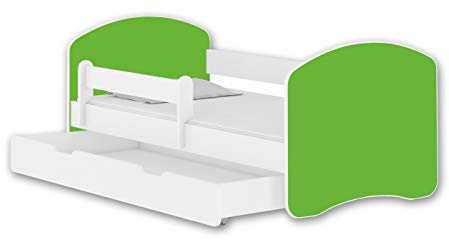 ACMA Jugendbett Kinderbett mit Einer Schublade mit Rausfallschutz und Matratze Weiß II 140 160 180 (140x70 cm + Schublade, Weiß - Grün)