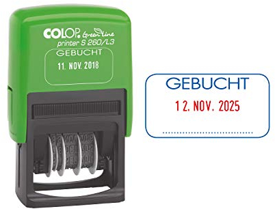 COLOP Printer S260 L3 Green Line Stempel, Text Gebucht, Abdruck Blau-Rot, Datum Deutsch
