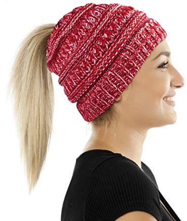 Balinco Damen & Mädchen Strickmütze mit Zopfloch - gestrickte Wintermütze (5a) (Rot meliert)