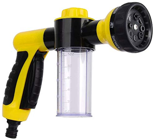 Goolsky Manguera rociadora de agua de espuma para jardín, pistola dispensadora de jabón para lavado de coches, mascotas, regadera, plantas, riego (amarillo)