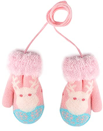 YSXY Niedliche Kinder Baby Fäustlinge Winter Warme Gestrickte Handschuhe mit Band Gefüttert Fausthandschuhe Strickhandschuhe für 1-4 Jahre Kleinkind Jungen Mädchen (Hirsch-Pink)