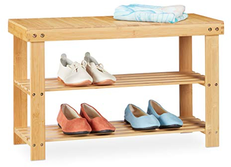 Relaxdays, Natur Schuhregal Bambus, Schuhbank mit Sitzfläche & 2 Ablagen, Sitzbank Flur, Badezimmerbank, 45 x 70 x 28 cm, 1 Stück