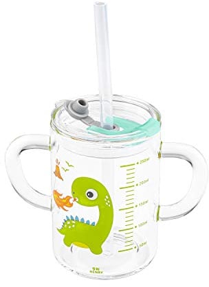 Glass Milk Cup 250ml Measuring Cup Cute Cartoon Sippy Cup with Silicone Straw & Leakproof Lid Heat-Resistant Drinking Glasses Double Handles Straw Cup with Scale Value for Water Milk Juice