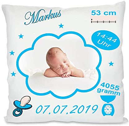 Blickfang Fotokissen | Personalisiertes Kissen als Glückwunsch zur Geburt | Geschenke zur Geburt | Babygeschenk für Jungen und Mädchen (Jungen mit Bild, mit Kissenfüllung)