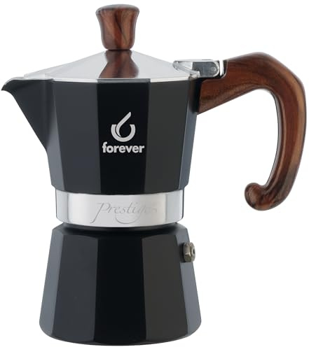 FOREVER Caffettiera Moka Alluminio, Miss Moka Prestige 'Radica', Caffettiera Moka per Casa, Caffettiera Portatile per Viaggio, inclusa Guarnizione in Silicone (2 Tazze)
