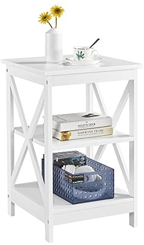 Yaheetech Table d'Appoint Salon, Petit Bout de Canapé en Bois, Table de Chevet Blanche avec Pied en Pin Design en X, 3 Etagères, 40 x 40 x 61 cm