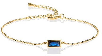 namana Zierliches blaues Armband in Gold für Frauen, Goldarmbänder für Damen und Mädchen mit blauen Steinen im Baguette-Schliff, süßes vergoldetes Armband mit einem saphirblauen Stein