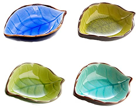 Vastsea 4 Mini-Soßenschalen, Kleine Teller, Keramik-Soßenschalen, Handgefertigte Soßenschalen in Blattform, Geeignet für Küche, Esszimmer (Hellgelb, Dunkelblau, Meerblau und Fruchtgrün)