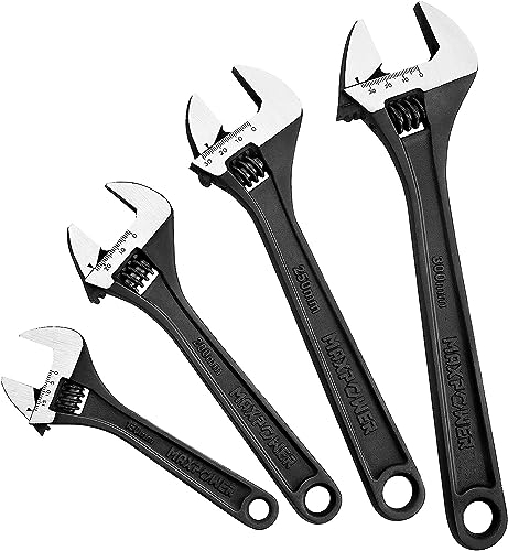 MaxPower Llave Inglesa, Juego de Llave Inglesa Ajustable de 4 Piezas, Negro, 150 mm, 200 mm, 250 mm y 300 mm
