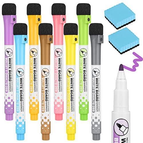 GOTRUST Dry Erase Markers Magnetic, Whiteboard Marker, 8 Color Markers Glass Pens, Washable Marker Liquid Chalk Pens Fine Tip Chalk Pen with 2 Eraser for Chalkboard Memo Boards