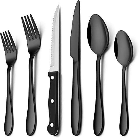 Herogo Set di posate da 36 pezzi con coltelli da bistecca, in acciaio inox, per 6 persone, posate da pranzo con forchetta, cucchiaio, eleganti posate da tavola per casa/ristorante (nero)