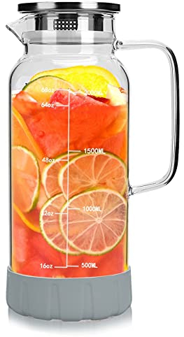 BOQO Glass Water Pitcher,68oz/2000ml Water Carafe with Lid and Precise Scale Line,Glass Water Jug with Particular Coaster