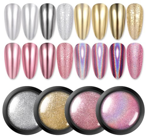 BORN PRETTY 4 Polvere per Unghie Cromate, Effetto Specchio Metallico Unghie, Argento Oro Rosa Olografico Polvere per Unghie Kit, per la Decorazione Nail Art