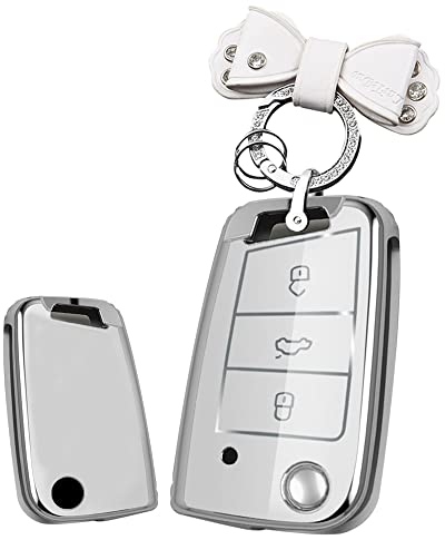 HIBEYO Klappschlüssel Autoschlüssel hülle passt für VW Golf 7 TPU Schlüsselhülle Schlüsselbox Cover für VW Polo Skoda MK7 Seat Leon Skoda Rapid Schlüsselgehäuse Schutz Tasche 3-Tasten-Weiß