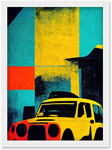 Wee Blue Coo Andy Warhol Inspired Modern Abstract Car Taxi Yellow Orange Teal Black Artwork Framed Wall Art Print A4