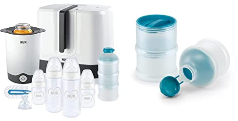 NUK First Choice+ Komplettes Fütterungsset Vario Express sterilisator, 4x babyflaschen, Herz (neutral) 9 stück & Milchpulver-Portionierer, BPA-frei, 3 Stück (1er Pack), petrol Farbe