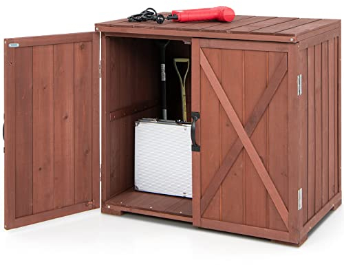 RELAX4LIFE Gartenschrank Holz, Werkzeugschrank mit mit Doppeltüren & Griffen, Lagerschrank mit Arbeitsplatte, Geräteschuppen für Hinterhof & Garten, 77 x 56 x 72 cm, Braun