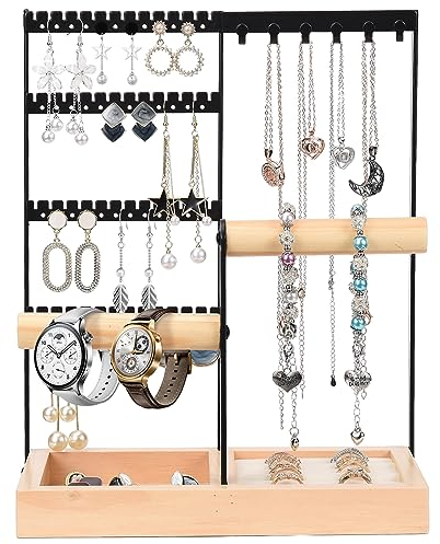 ADWOLT Jewellery Stand Organiser Necklace Holder,4-Tier Jewelry Tower Rack Necklace Stand Display with Earring Tray and Holes, Necklaces Hanging Holder for Bracelets Watches Earrings Rings (Black)