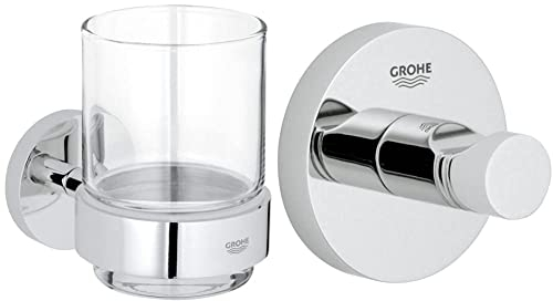 GROHE Essentials - Glas mit Halter, Chrom, 40447001 & Essentials - Bademantelhaken (robuster Haken, langlebige und Pflegeleichte Chromoberfläche, einfache Montage), Chrom, 40364001