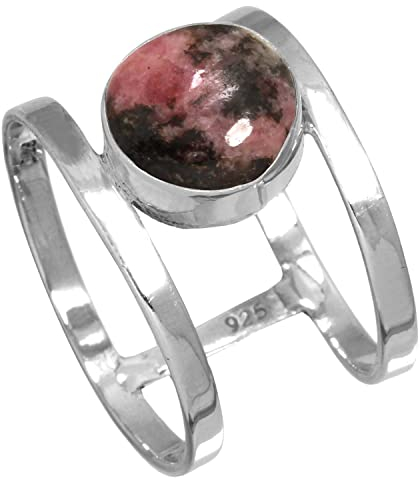 Jeweloporium 925 Silber Ringe für Damen Natürlich Rosa Rhodonit in schwarzem Mangan Edelstein Boho Silber Ringe Größe 52(16.6) das Erntedankfest Geschenk Handgefertigt Schmuck
