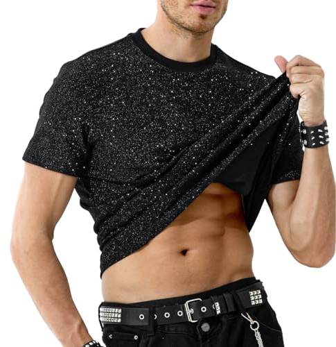Casey Kevin Herren Glitzer T-Shirt Pailletten Hemd Shirt Metallic Shirt Sommer Oberteil Tops Für Männer Goldenes Silber Tee Mit Rundhals-Ausschnitt Clubwear Men