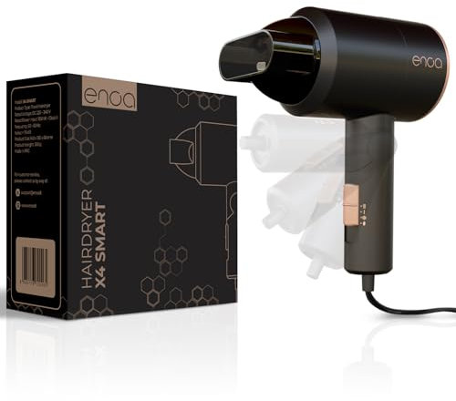 Phon da Viaggio Pieghevole Compatto ENOA X4 SMART, Asciugatura Rapida, Asciugacapelli da Viaggio con Manico Pieghevole, Concentratore di Precisione, 3 Velocità / 3 Temperature, Silenzioso, Leggero