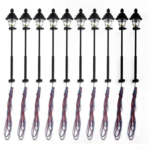 Lioaeust Modelleisenbahn Led Laternenpfahl, 10 Stück 1:160 3V LED Park Laternen Lampen, N Maßstab 1:160, warmweiße LED, LED Beleuchtung für Modelleisenbahn Bonsai Dekor (4.7cm)