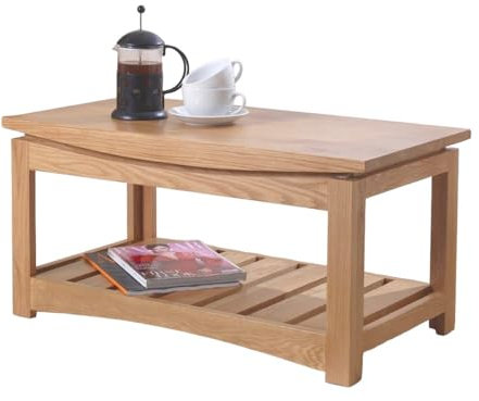 Crescent Coffee Table With Storage Shelf for Living Room, Home Furniture - Solid Oak Wooden Coffee Table - Fully Assembled - H42 x W86 x D45 cm