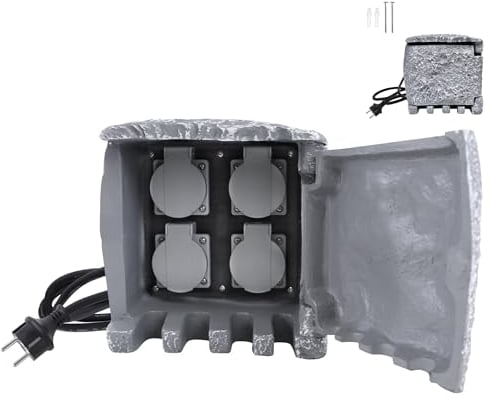 UISEBRT Multiprise de jardin aspect pierre avec 4 prises de terre - Multiprise avec piquet de terre - Câble de 1,5 m - Prise extérieure IP44 - 19 x 18,5 x 18,5 cm - Gris