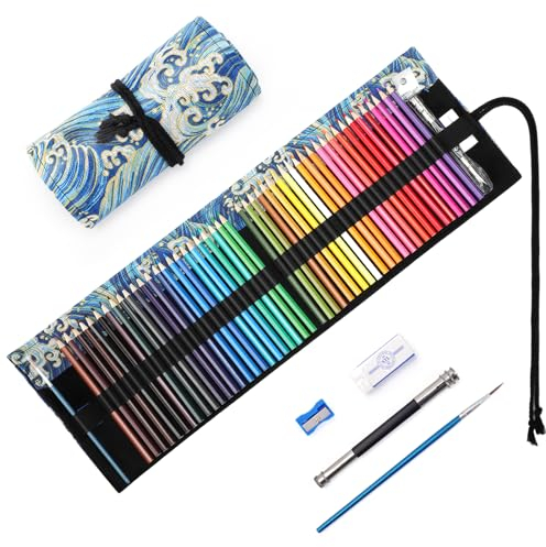 TOYESS 48 Pezzi Matite Colorate Professionali Kit Disegno per Adulti, Pastelli Acquarellabili Colorati con Astuccio Arrotolabile Fornire a Artista Professionale e Principianti, Onde del mare