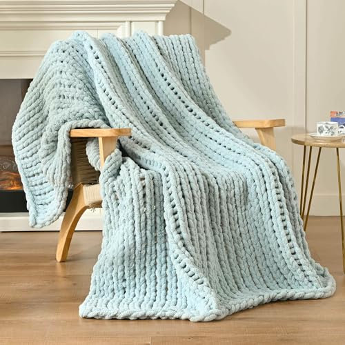 Esterra Chunky Knit Blanket Throw 50x60, 100% Hand Knitted Chenille Throw Blanket, Cozy Soft Thick Cable Knit Throw Large Rope Knot Crochet Throw Blanket for Sofa Couch Bed, Sky Blue