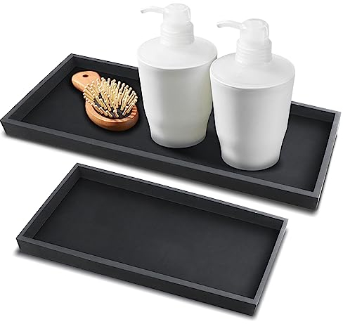 2 Packs Silicone Vanity Tray, Large & Small Bathroom Trays for Counter, Dish Soap Holder for Kitchen Sink, Rectangle Perfume Key Toilet Dresser Organizer Tray Decor (black)